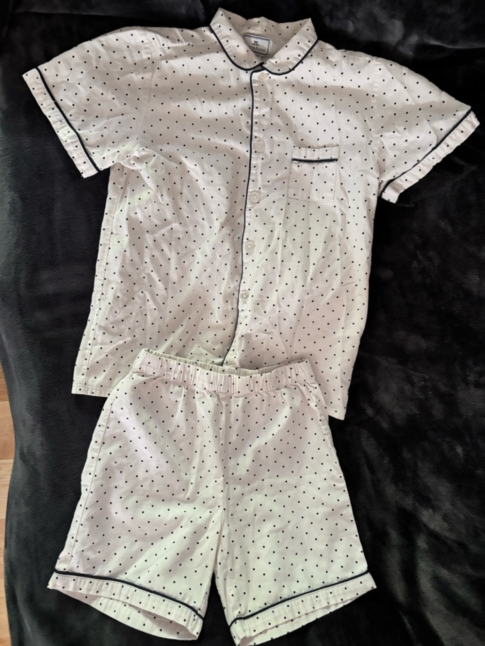 White Short-Sleeve Kids Pajama Set with Navy Dot Trim